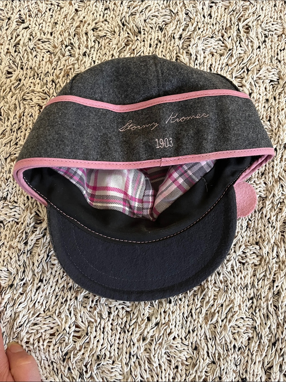 Girls Charcoal Wool Cap with Pink Flower Accent - Picture 2 of 4